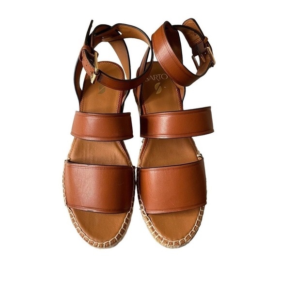 Franco Sarto Calvin Sandals Brown Leather Size 9.5 Platform Ankle Strap Buckle - Picture 3 of 11